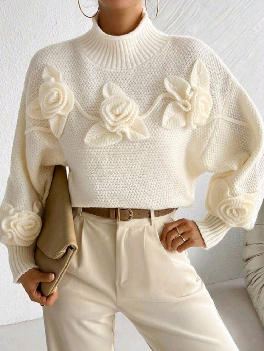 Cream Floral Appliqué Knit Sweater - Elegant Mock Neck